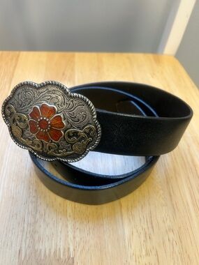 Landes Italian Black leather Belt with an Intricate Metal Orange Floral Buckle